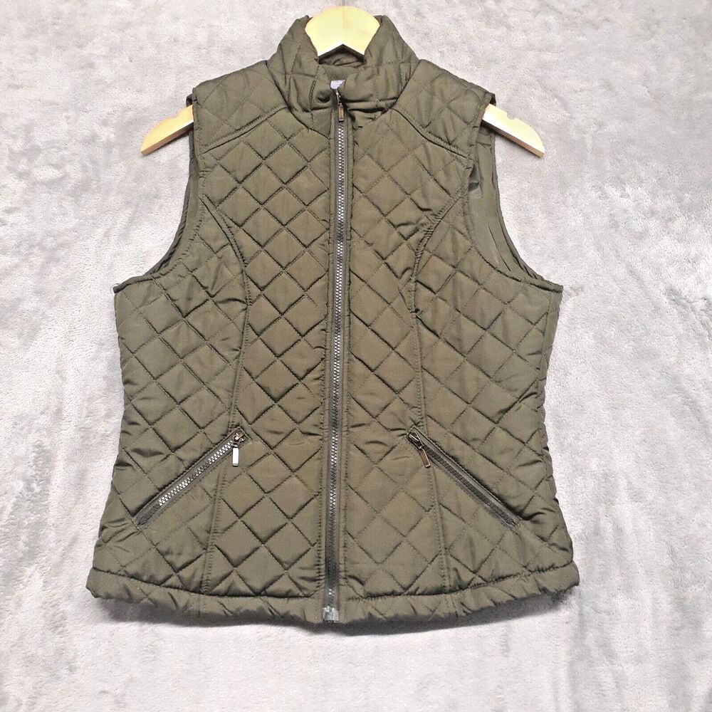 Laura Scott Women Sz M Lined Quilted Puffer Vest Army Green Zip Closure